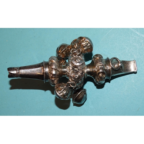 915 - A Victorian silver baby's rattle with six bells and whistle, Birmingham 1872, (damaged, two bells an... 