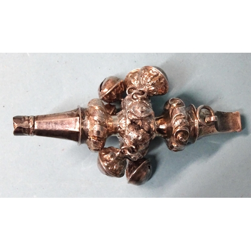 915 - A Victorian silver baby's rattle with six bells and whistle, Birmingham 1872, (damaged, two bells an... 