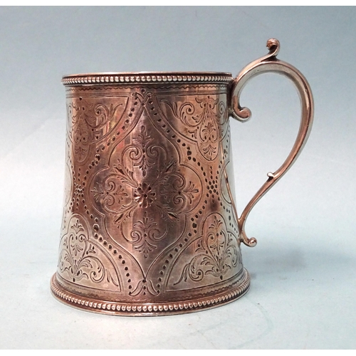 916 - A Victorian silver christening tankard of tapered form, with engraved decoration, (no inscription) a... 