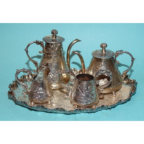 918 - A Continental silver miniature tea and coffee service on tray, London import marks for 1890, ___6.38... 