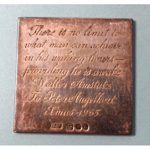 923 - Two identical square silver plaques engraved 