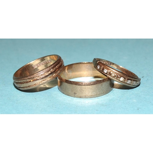 436 - Two 9ct gold wedding bands and another 9ct gold ring set white synthetic stones, sizes M½, S and L, ... 
