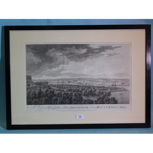 105 - 'A View of Hamoze and Plymouth Dock from Mount Edgcumbe', engraving after James Mason, 37 x 57cm, (f... 