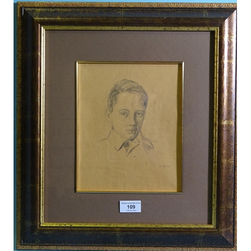 109 - 20th century German School PORTRAIT OF BERNARD RAEKE AS A BOY Pencil drawing, signed with monogram a... 