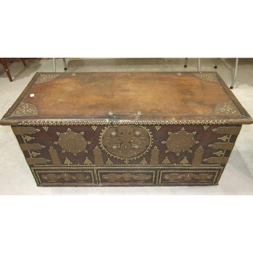 11 - A brass-mounted and studded Arab chest with hinged lid and interior lidded compartment, 120cm wide, ... 