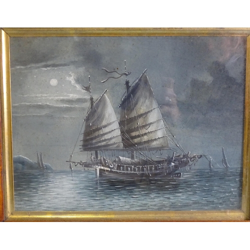 111 - Chinese School (late-19th/early-20th century) JUNK & OTHER VESSELS OFF THE COAST IN MOONLIGHT Un... 