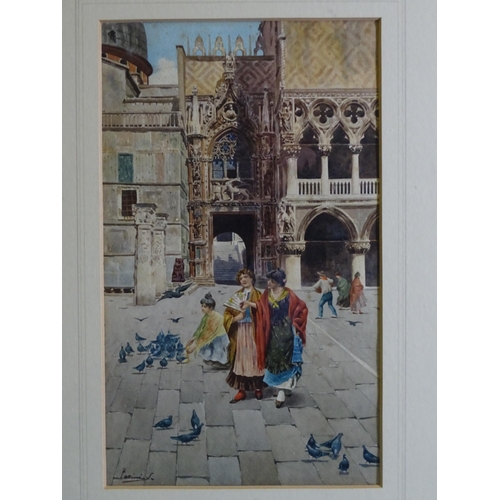 115 - S Pasini FIGURES FEEDING PIGEONS IN ST MARKS SQUARE, VENICE Signed watercolour, 37 x 22cm, (fox mark... 