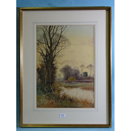 117 - John Doyle RWS (b.1928) RIVER SCENE WITH CHURCH IN BACKGROUND Signed watercolour, 29 x 45cm, another... 