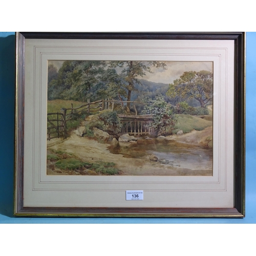 136 - Charles James Adams (1859-1931) COUNTRY STREAM AND FOOTBRIDGE Signed watercolour, 25.5 x 37cm.... 