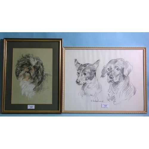 137 - Robert Oscar Lenkiewicz (1941-2002) STUDY OF TWO DOGS Signed pencil sketch, 35 x 45cm and a pastel a... 