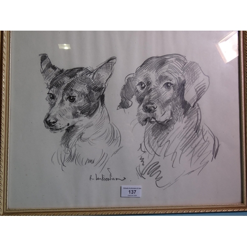 137 - Robert Oscar Lenkiewicz (1941-2002) STUDY OF TWO DOGS Signed pencil sketch, 35 x 45cm and a pastel a... 