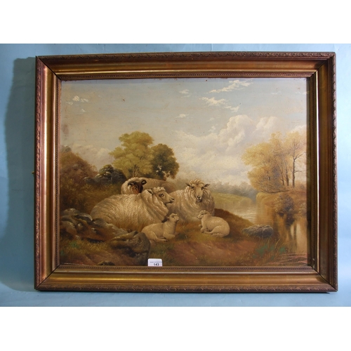 143 - Charles Edward Brittan Snr (1837-1888) SHEEP AND LAMBS BESIDE A RIVER Signed oil on panel, dated '94... 