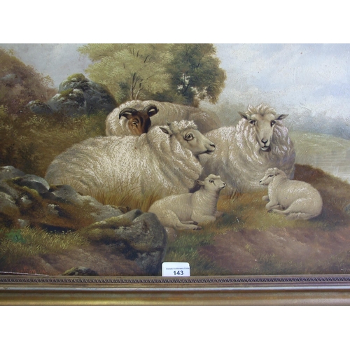 143 - Charles Edward Brittan Snr (1837-1888) SHEEP AND LAMBS BESIDE A RIVER Signed oil on panel, dated '94... 