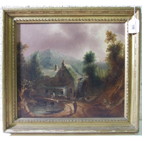 148 - F J Ellis (19th century) WATER MILL NEAR EGGBUCKLAND, DEVON Oil on canvas, signed and titled on wood... 