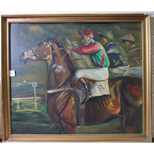 149 - Leslie Simmonds Luff (20th century) STUDY OF THREE JOCKEYS AND THEIR MOUNTS AT THE START OF A HORSE ... 