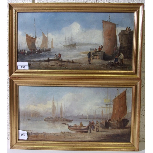 153 - William Crossley FISHING BOATS AND FISHERMAN ON A SHORELINE Signed oil on canvas, dated 1900, 19.5 x... 