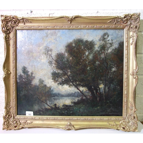 163 - In the style of Jean-Baptiste-Camille Corot FIGURES BENEATH TREES BY A RIVER Oil on canvas, 46 x 57c... 