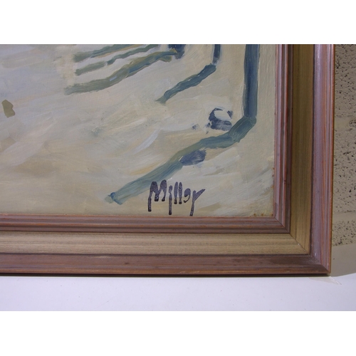 169 - *** Miller (20th/21st century) SUNLIT BEACH SCENE WITH COTTAGES Signed oil on board, signed Miller o... 