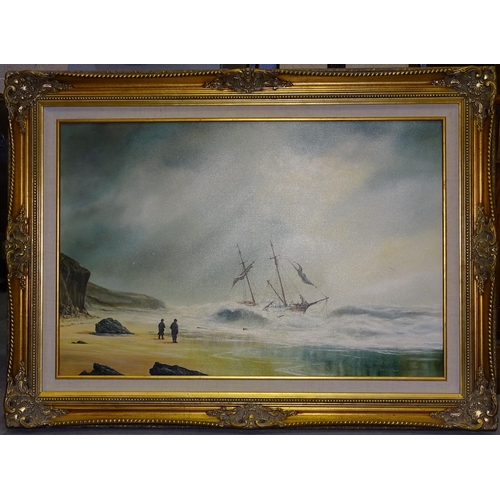 173 - Arthur Read TWO-MASTED SCHOONER IN THE SURF AND FIGURES ON THE BEACH Signed oil on canvas, 61 x 91cm... 