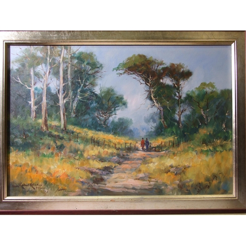 175 - Kobus Petrus Kotzé (South African, b.1938) FIGURES ON A SUNLIT PATH Signed oil on canvas, dated '02 ... 