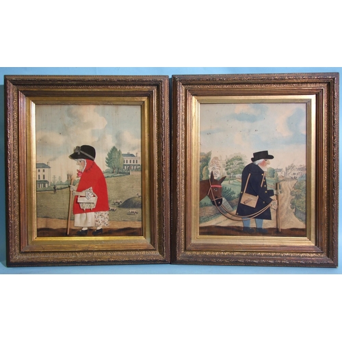 A good pair of George Smart cloth and velvet pictures, the first depicting a postman holding a staff and letter, a post bag about his blue tunic, wearing a black hat and leather shoes, leading an ass, with Tunbridge Wells in the background and Smart's Repository, 27 x 21.5cm, paper label and legend verso, the other depicting an older woman wearing a red tunic, foliate dress and leather shoes, carrying a bag and walking with a stick, the background painted with Victorian villas, a church tower and grazing sheep, 27 x 21.5cm, with G Smart label verso, (2).