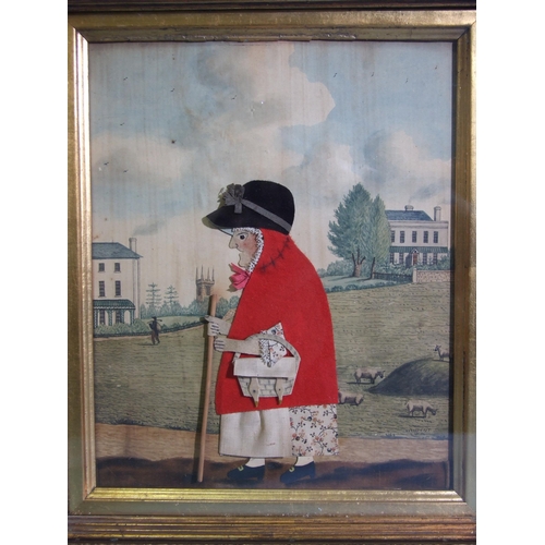 224 - A good pair of George Smart cloth and velvet pictures, the first depicting a postman holding a staff... 