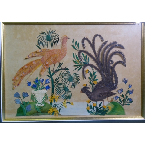 226 - An unusual cut-paper and embossed découpage picture of two exotic birds amongst flowers, foliage and... 