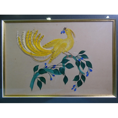 226 - An unusual cut-paper and embossed découpage picture of two exotic birds amongst flowers, foliage and... 