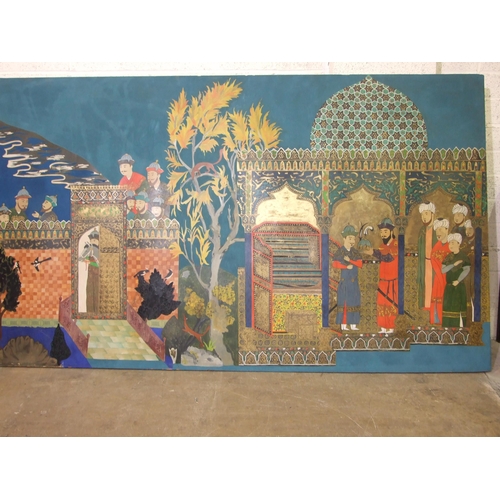 235 - A large mid-20th century Persian hand-painted panoramic wall hanging depicting a prince and courtier... 