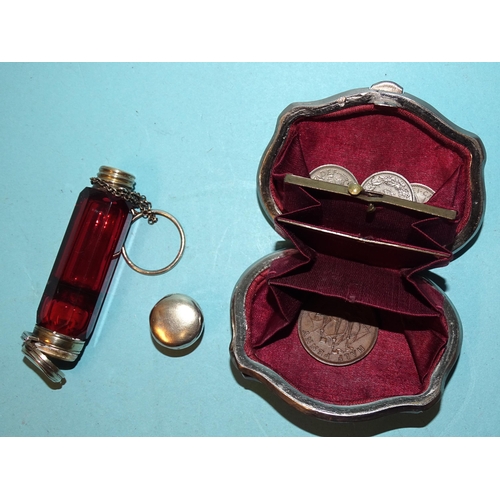 256 - A double-ended cranberry glass scent bottle with gilt metal mounts, 7cm long and a tortoiseshell pur... 