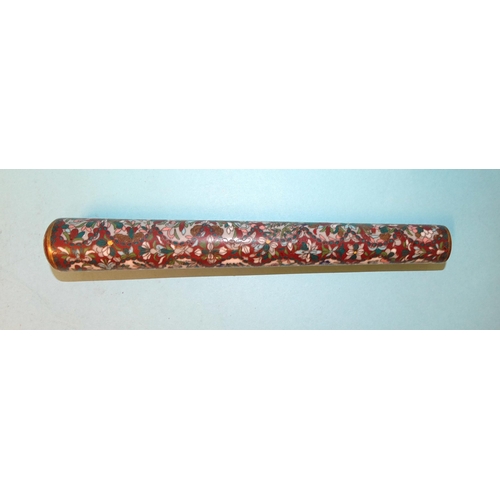 258 - A cloisonné parasol handle, 18.5cm, (damage to top), a belt of five plaques set agate cabochons join... 