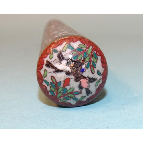 258 - A cloisonné parasol handle, 18.5cm, (damage to top), a belt of five plaques set agate cabochons join... 