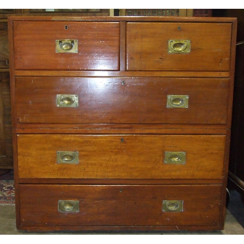 26 - An early-20th century stained wood two-part military chest of two short and three long drawers, 91cm... 