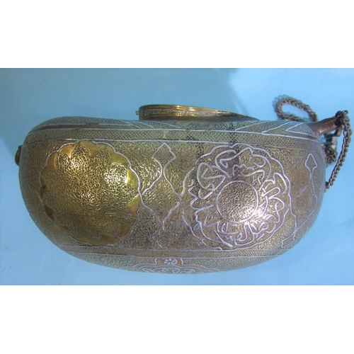 267 - A Middle Eastern silver inlaid brass kashkul of coco-de-mer form, complete with chain, 21 x 10cm, (h... 