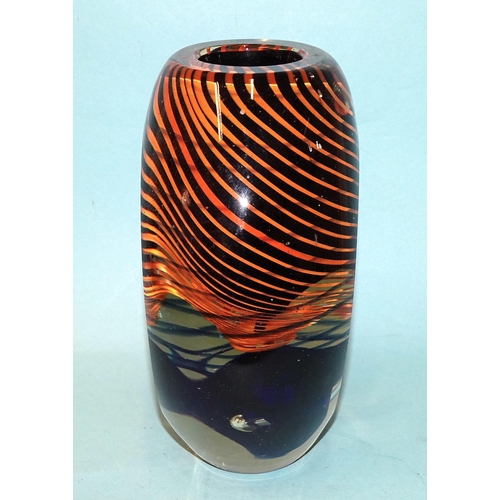 298 - A Murano-style glass vase, the internal decoration of orange and blue strands around a black core, w... 