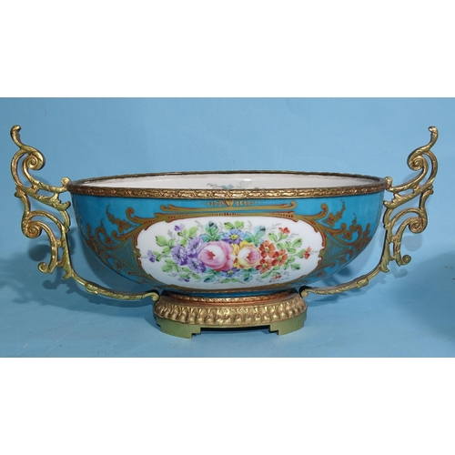 305 - A gilt-metal-mounted Sèvres-style oval bowl decorated with panels of flowers, 32cm long overall and ... 