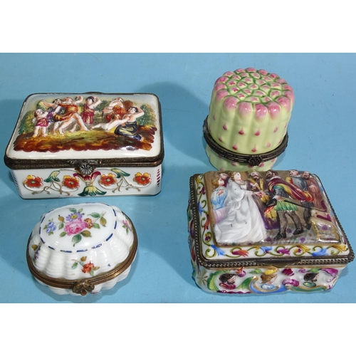 315 - Two Naples porcelain moulded gilt-metal-mounted snuff boxes, two other patch boxes, together with tw... 