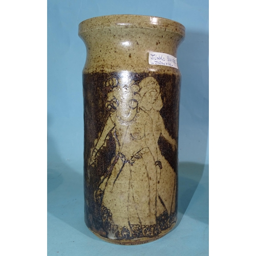 330 - A studio pottery cylindrical vase with incised decoration of two figures, impressed 'Junko, Richmond... 