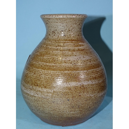 333 - A studio pottery two-handled storage jar and cover, 24cm high and a studio pottery vase incised 'GE'... 