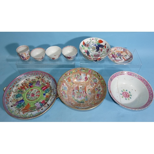 340 - A 19th century Chinese famille rose warming dish, (restored), a small Cantonese bowl, (a/f) and simi... 