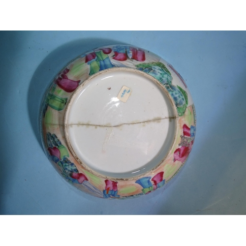 340 - A 19th century Chinese famille rose warming dish, (restored), a small Cantonese bowl, (a/f) and simi... 