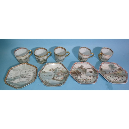 349 - A collection of Japanese eggshell porcelain cups and saucers decorated with figures in landscapes, (... 