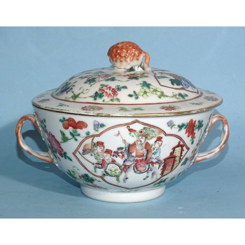 351 - An early-19th century Chinese famille rose-covered bowl with branch handle and pinecone finial decor... 