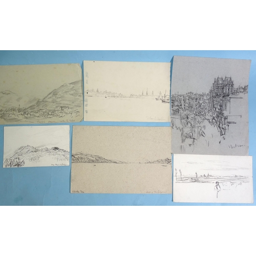 46 - “Montreaux”, a preparatory study of buildings and trees, charcoal or soft pencil on tinted paper, 27... 