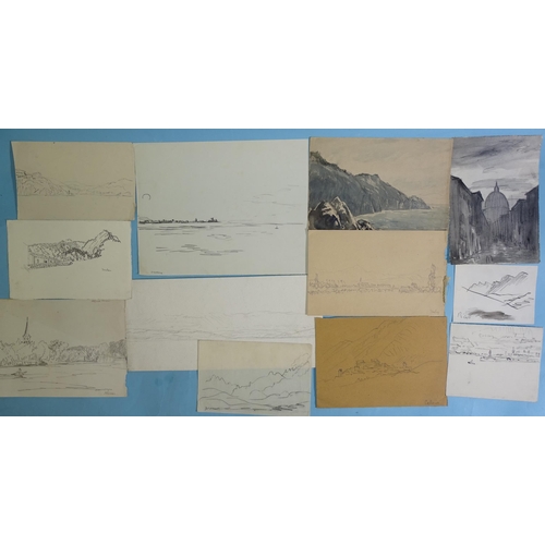 50 - “Beyond Spezia”, a preparatory study of a coastal scene, pencil and wash, unfinished 16x24cm, unfram... 