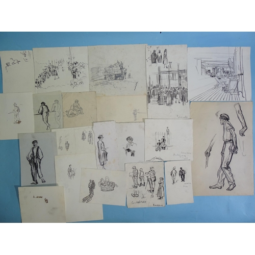 53 - “Figures seated on deck chairs”, pencil drawing, unfinished study, 16.5x19cm; together with nineteen... 