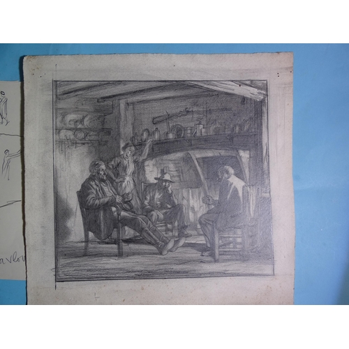 66 - “Three men beside a fire”, pencil drawing, 21.5x23.5cm (image); together with various further figura... 