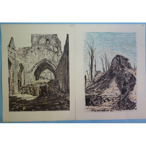 77 - “Wartime Ruins, soldiers in a bunker”, black and white lithograph, unsigned; 52x38cm; together with ... 