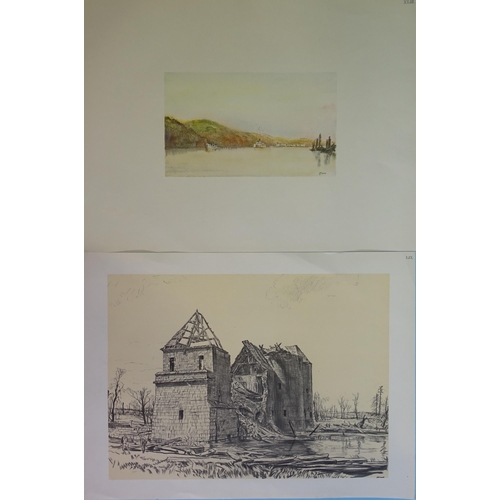 77 - “Wartime Ruins, soldiers in a bunker”, black and white lithograph, unsigned; 52x38cm; together with ... 