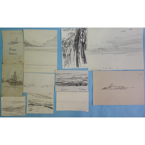 78 - “Dublin Bay”, inscribed pencil drawing, 23x31cm, unframed; together with sixteen further drawings in... 